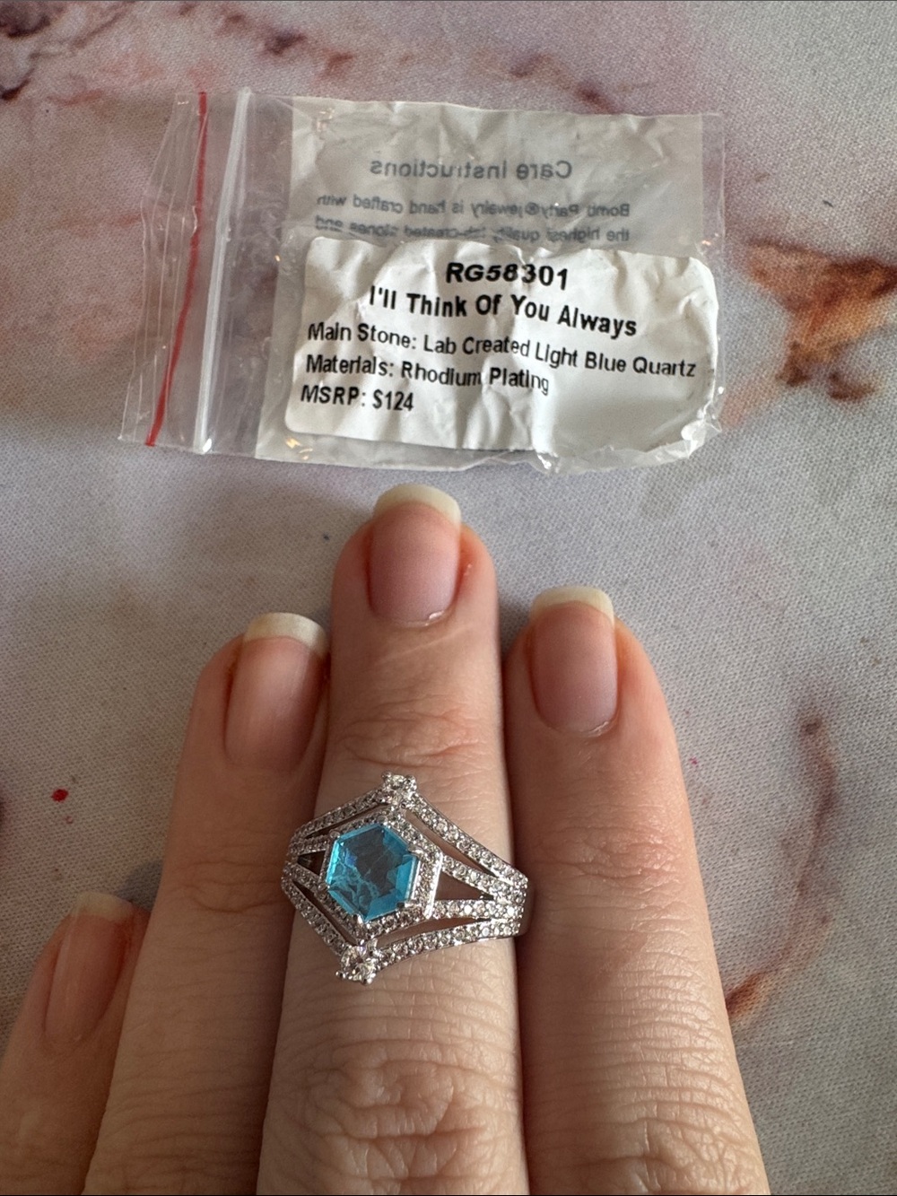 Bomb Party size 10 Rhodium-Plated Ring with Light Blue Quartz